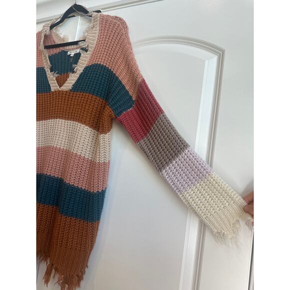 Miracle Multicolor Block Stripe Chunky Knit Fray Boho Sweater - Picture 3 of 7